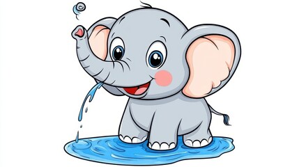 Obraz premium Cute Cartoon Elephant with Water Splashing in a Playful Scene