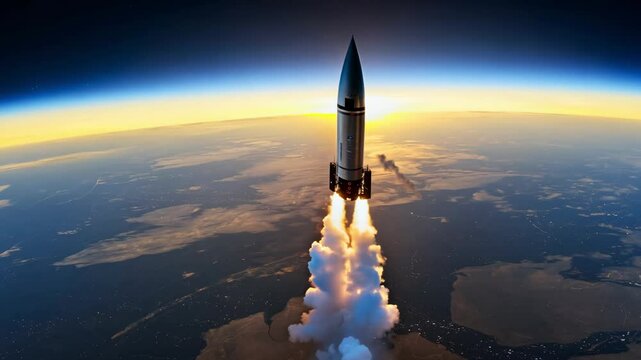 A stunning rocket launch ascending above the Earth&rsquo;s curvature, with fiery exhaust and the sunrise lighting up the horizon, symbolizing space exploration.
