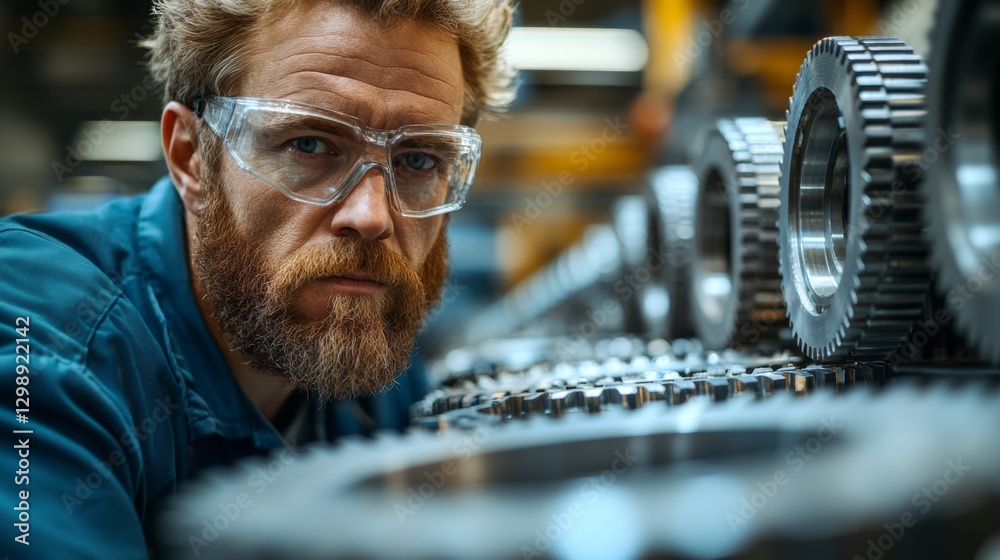 Leinwandbilder an engineer wearing safety glasses closely examines precision gears arranged in a factory setting, e