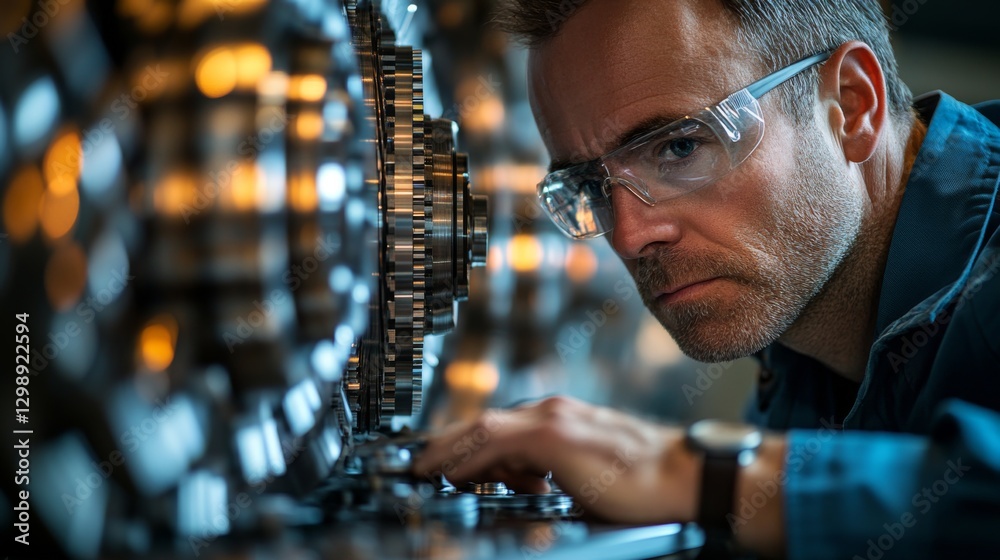 Poster An engineer examines intricate components of machinery in a modern factory. The workspace highlights advanced automation equipment and safety measures, reflecting a commitment to quality.