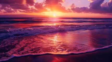 Obraz premium Vibrant Tropical Beach Sunset Reflecting on Tranquil Ocean Waves