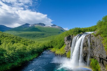 Fototapeta premium A stunning mountain waterfall with a rainbow forming in the mist