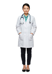 Fototapeta premium Female doctor in a white coat with a stethoscope standing confidently, indoors isolated on transparent background PNG image