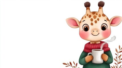 Fototapeta premium Cute Giraffe Character Holding Mug with Steam and Cozy Scarf