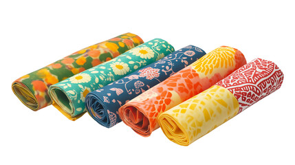 Beeswax food wraps in colorful patterns, reusable and eco-friendly, isolated on white background, PNG format