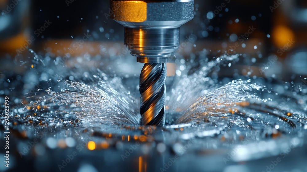 Poster a metal cutting tool engages with material, creating a swirl of liquid coolant. this process occurs 