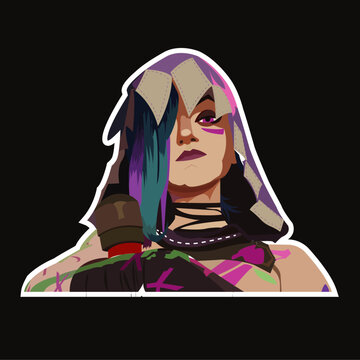Jinx from the TV series Arcane (League of Legends) | Woman with colorful hair and hood, punk style, aggressive expression, detailed face art, unique fashion, dark background