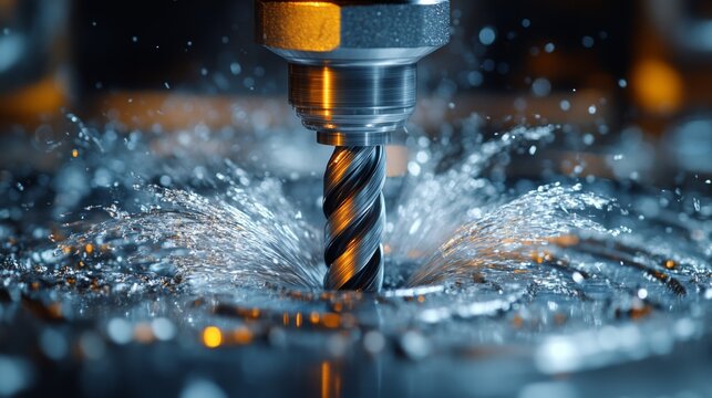A metal cutting tool engages with material, creating a swirl of liquid coolant. This process occurs in a modern manufacturing facility focused on precision and efficiency.