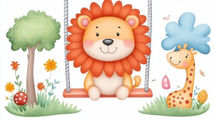Fototapeta premium Cute Cartoon Lion on Swing Surrounded by Playful Nature Elements