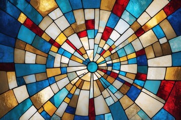 Naklejka premium Brightly colored stained glass window featuring intricate geometric patterns in a church