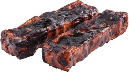Two overcooked burnt grilled steaks on transparent background