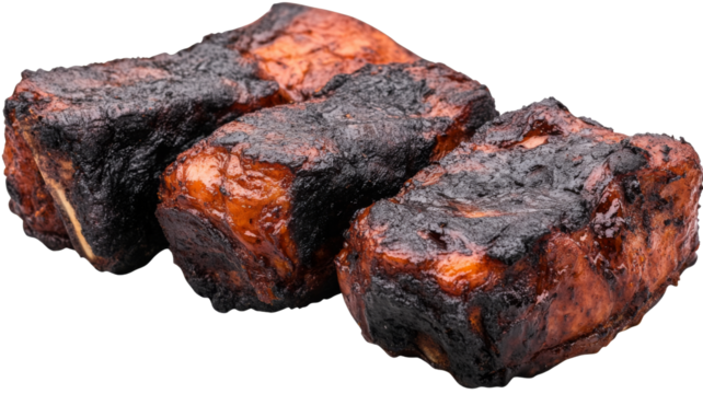 Burnt pieces of meat with transparent background representing cooking mistakes
