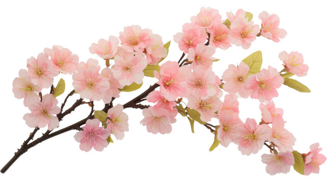 Blooming cherry blossom branch with pink flowers on transparent background
