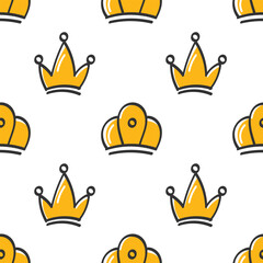 Seamless pattern with hand drawn crowns on white background. Queen or king doodle crowns background. Simple print.