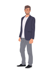 Happy man wearing smart casual office outfit and glasses standing full length. Bearded businessman cartoon male character vector realistic Illustration isolated