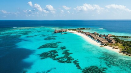 Exotic island with pristine blue waters and beaches.