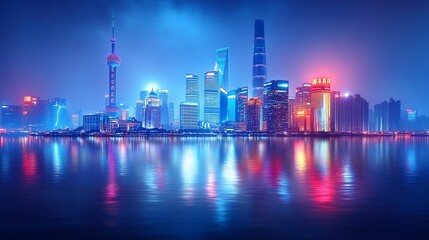 Fototapeta premium Night Skyline of Shanghai City Reflecting on Water