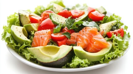 Fresh salad with avocado and salmon on a white background.