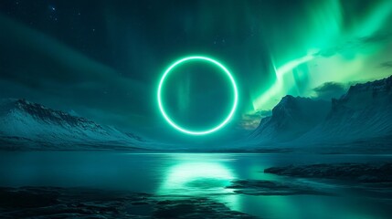 Serene Green Neon Ring Glowing Seascape for Creative Projects