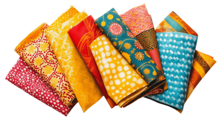 Beeswax food wraps in colorful patterns, reusable and eco-friendly, isolated on white background, PNG format