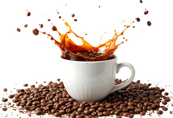 Delicious Coffee Beans with Coffee Splash in Modern Cup Side View on transparent background
