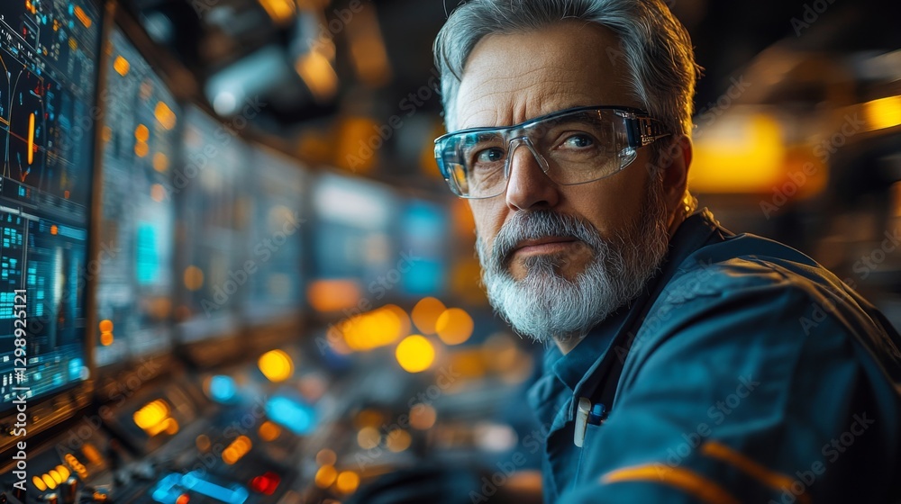 Poster An engineer in a manufacturing factory focuses on automation controls. The workspace features advanced equipment and screens displaying operational data, emphasizing safety and efficiency.