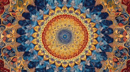 Intricate Circular Pattern with Gold, Red and Blue Hues Creates a Mandala