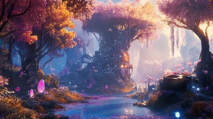Fototapeta premium Magical forest with glowing plants and serene water.