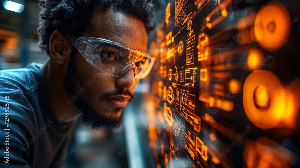 Poster An engineer wearing safety glasses closely examines complex automation data on a high-tech display in a busy manufacturing facility.