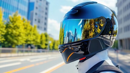 Fototapeta premium Motorcyclist in a stylish helmet near the road. 