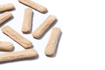 Italian biscuits ladyfingers savoiardi isolated on white background. Copy space