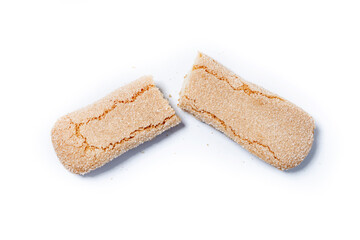 Italian biscuits ladyfingers savoiardi broken isolated on white background