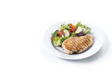 Healthy grilled chicken with salad isolated on white background. Copy space
