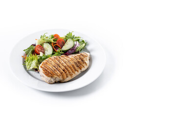 Healthy grilled chicken with salad isolated on white background. Copy space