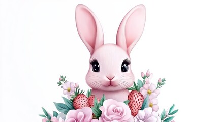 Obraz premium Cute Rabbit Surrounded by Colorful Floral Arrangement and Strawberries
