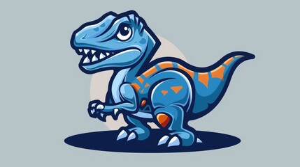 Cartoon dinosaur character in vibrant blue and orange with a playful expression against a simple gray background