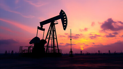 Silhouette Of An Oil Pumpjack Against A Vivid Sunset Sky And The Golden Hour