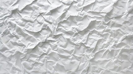 Close-up view of crumpled white paper texture, showcasing intricate folds and shadows, ideal for backgrounds