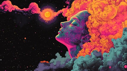 Surreal portrait with vibrant cosmic elements.