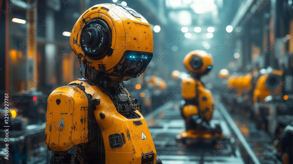 Aufkleber in a cutting-edge factory, robotic arms equipped with ai technology work efficiently along a conveyo