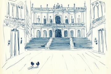 Fototapeta premium Blue Ink Sketch Of Grand Building Entrance With Two Birds Displaying Architectural Details And Ornate Design Elements Featuring Symmetrical Composition Of Facade And Stone Structure With Perspective