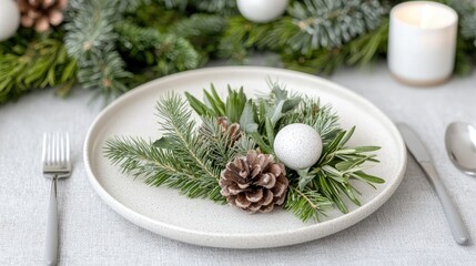 Festive Christmas table place setting with greenery