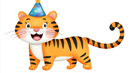 Cheerful Cartoon Tiger with Party Hat Celebrating Birthday Fun