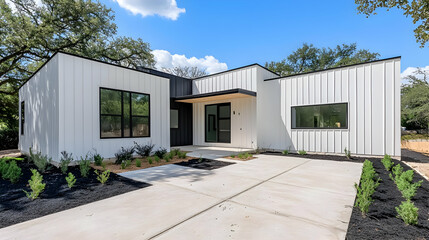 Modern Exterior House with White Siding Blue Sky Black Trim and Concrete Driveway