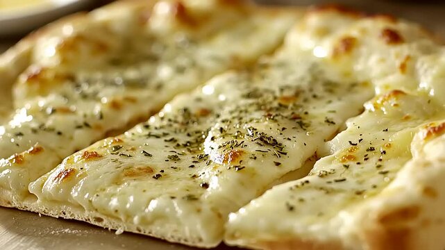 A close-up image shows a delectable, sliced cheese pizza seasoned with herbs.