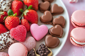 Delicious dessert platter featuring fresh strawberries, chocolate hearts, and colorful macarons at a festive gathering
