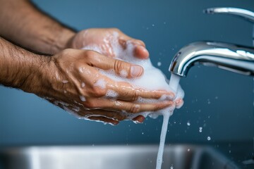 A highly detailed realistic image of a healthcare professional washing hands under running water.