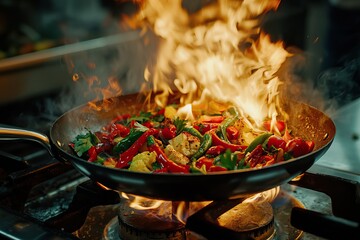 Chef Cooking Stir-Fried Vegetables in Flaming Pan on Gas Stove in Professional Kitchen