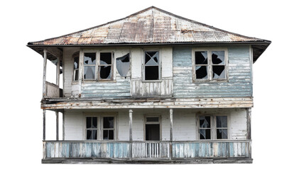 Abandoned house with broken windows and transparent background