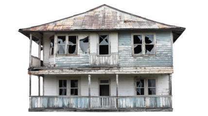 Abandoned house with broken windows and transparent background